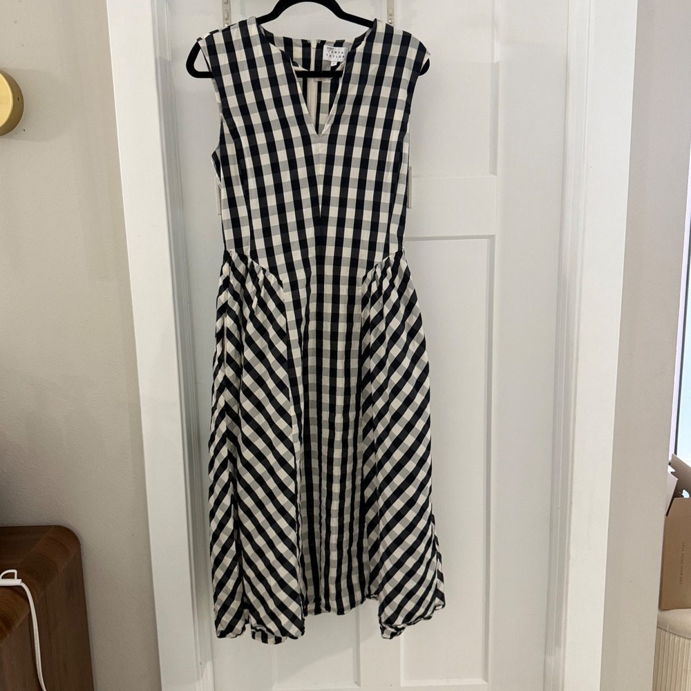 Tanya Taylor Black White Gingham V-Neck Midi Dress 6 Career Chic Pockets Cotton